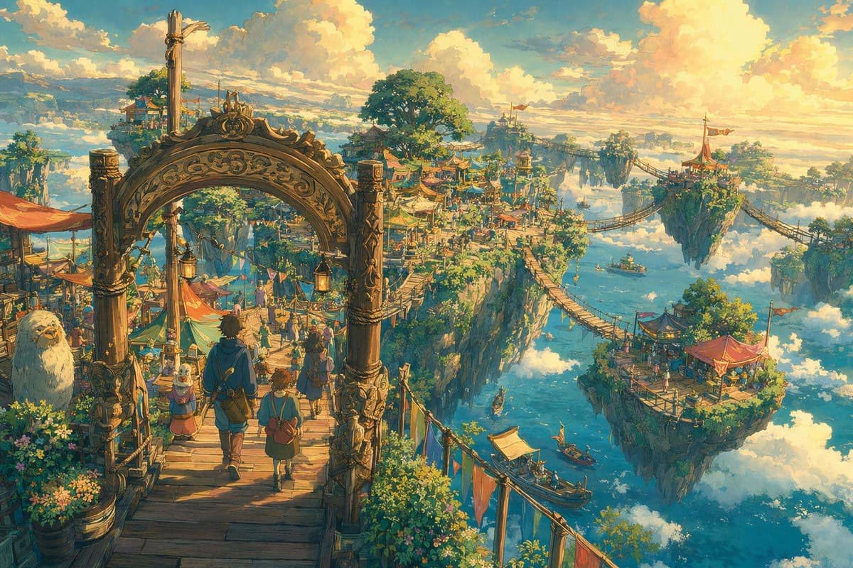 Glowing rope-bridges connecting a marketplace island to smaller trading-post islands, representing ecommerce backlink partnerships