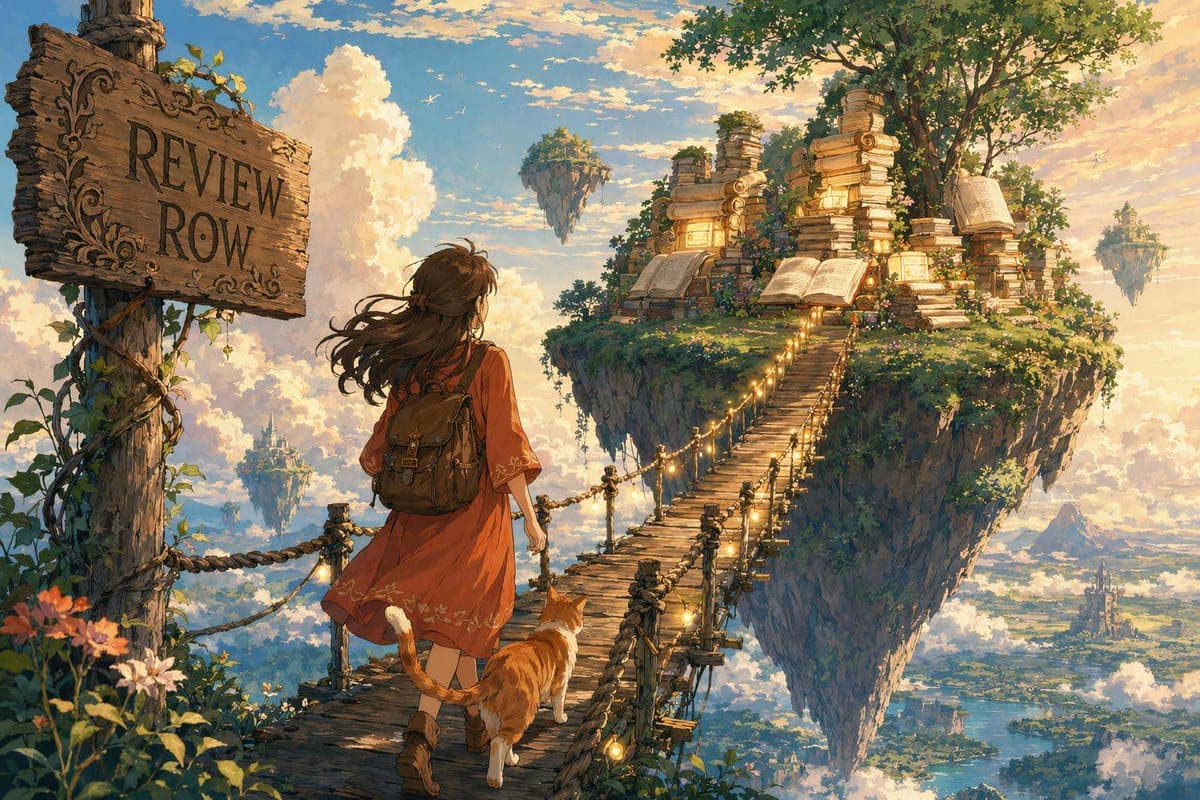A young woman climbing a rope-bridge toward a glowing island of stacked scroll towers, representing SaaS directory backlinks