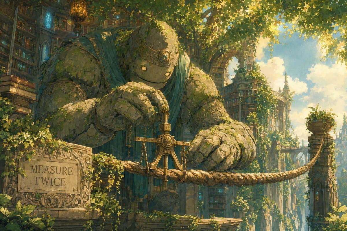 A stone golem librarian measuring glowing rope-bridges with an old brass instrument, representing backlink analysis tools