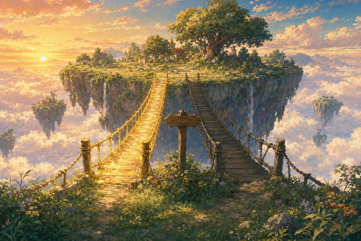 Two rope-bridges, one glowing brightly and one dimmer, side by side between floating islands, representing dofollow vs nofollow links