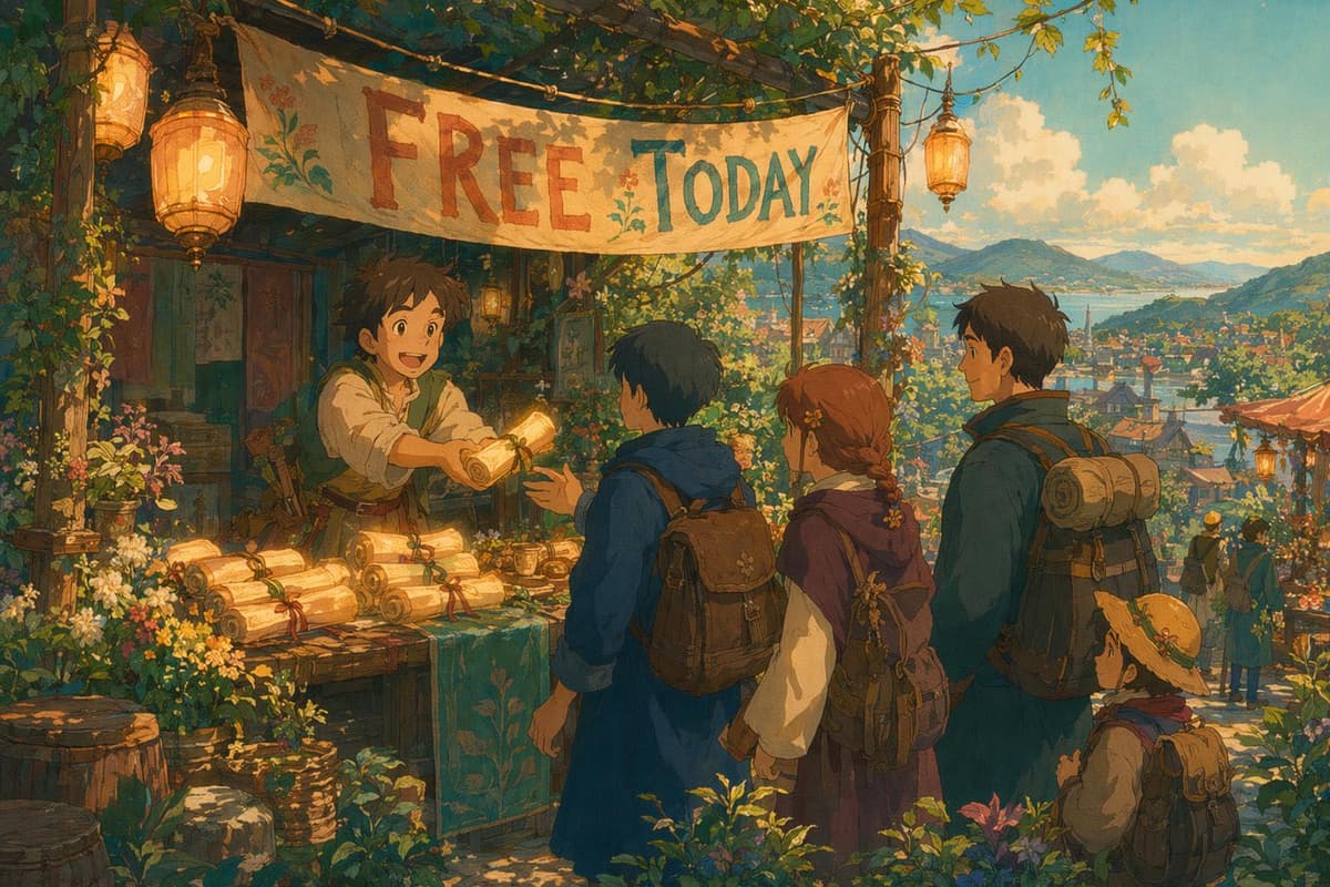 A friendly market stall giving away scrolls for free under a hand-painted banner, representing free directory listings