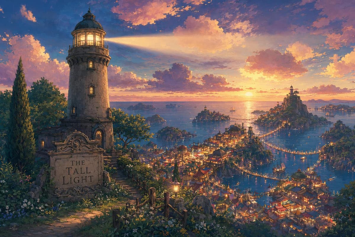A tall stone lighthouse on a cliff overlooking a bazaar-town, representing high-authority directories