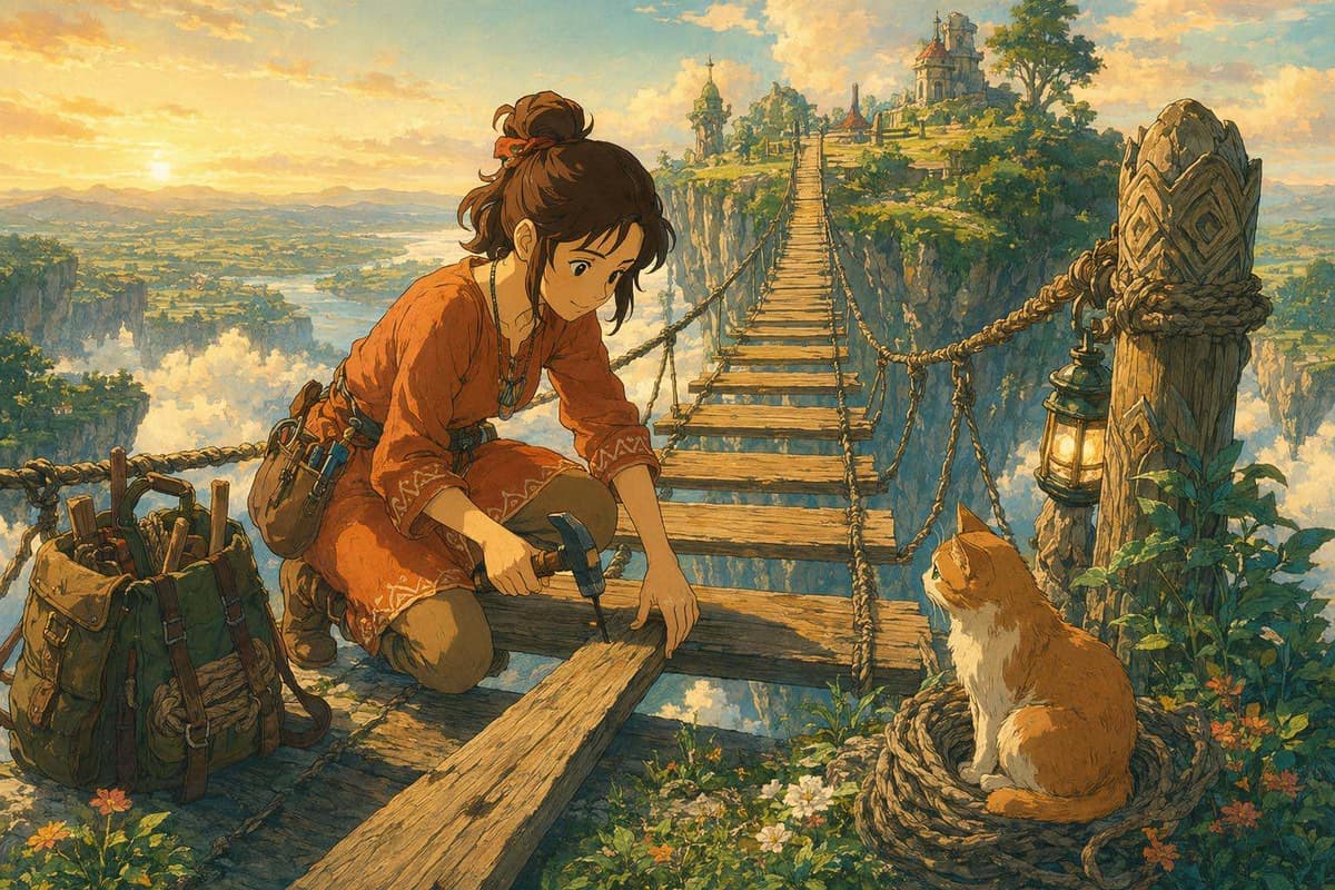 A young woman laying a new plank on a rope-bridge under construction, representing building backlinks