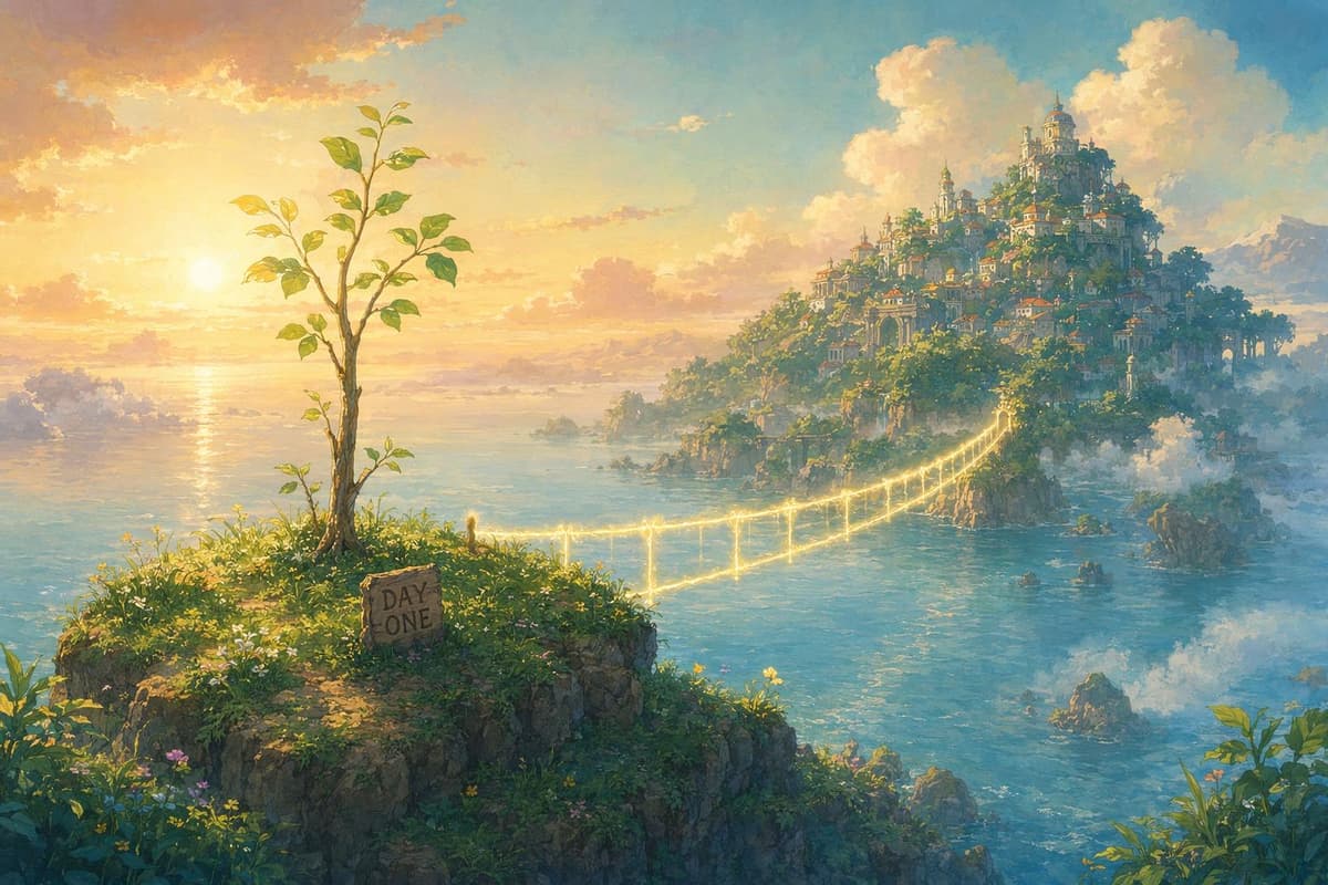 A small sapling island just beginning to grow its first rope-bridge, representing a new website's first backlinks