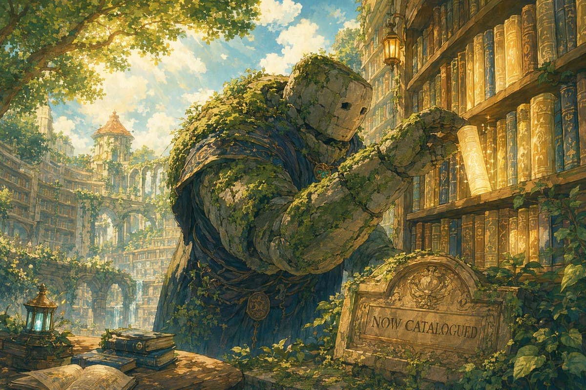 A stone golem librarian carefully shelving a glowing scroll into the open-air library, representing a backlink getting indexed