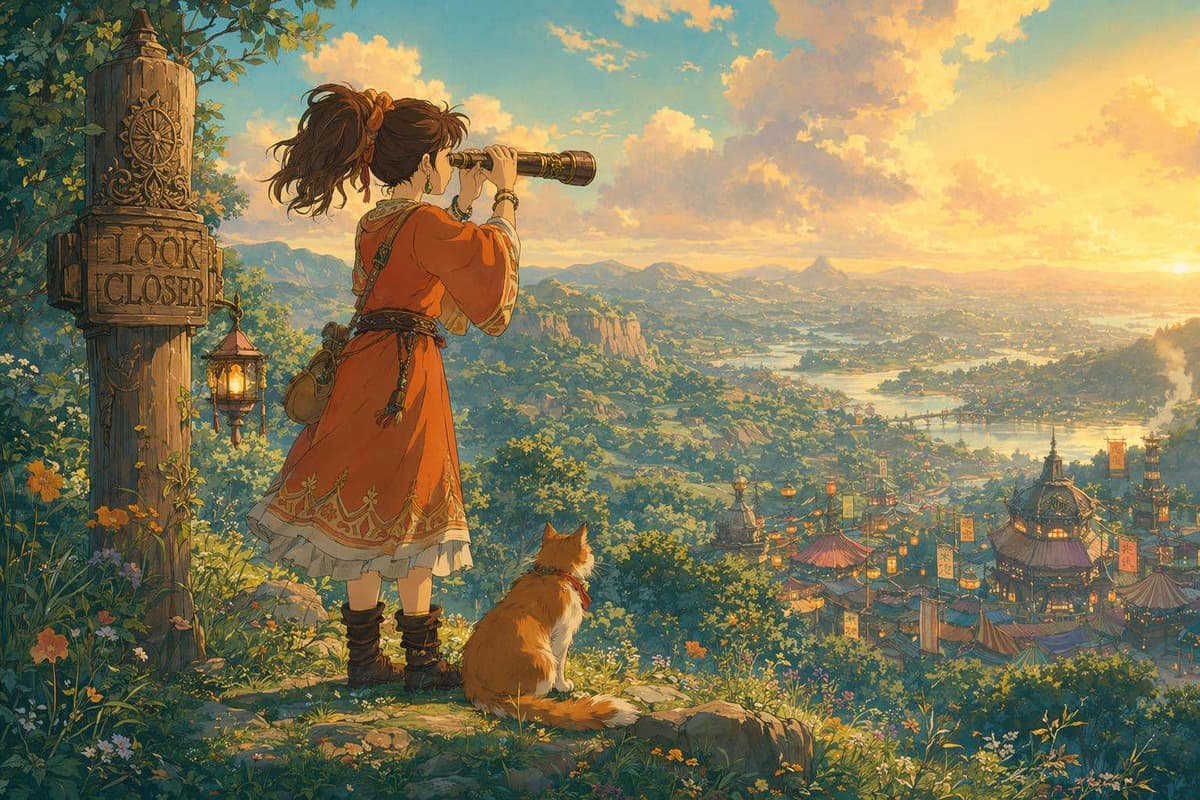 A young woman using an old brass spyglass to scan a valley of scattered market stalls, representing search operators finding directories
