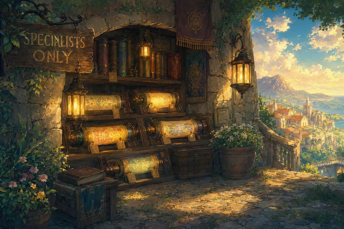 A small specialized market stall tucked in a cozy alcove, representing niche directories