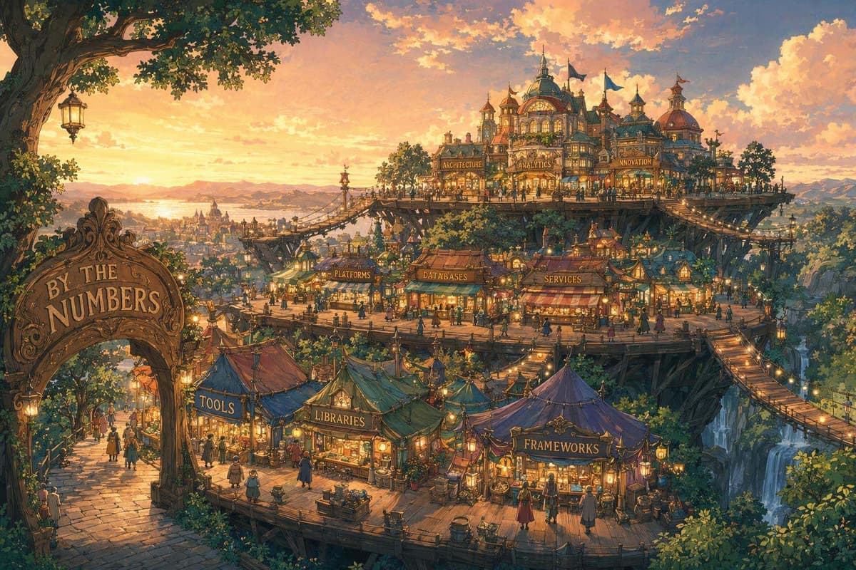 A tiered bazaar-town of software stalls grouped by size and authority, representing SaaS directories grouped by DR