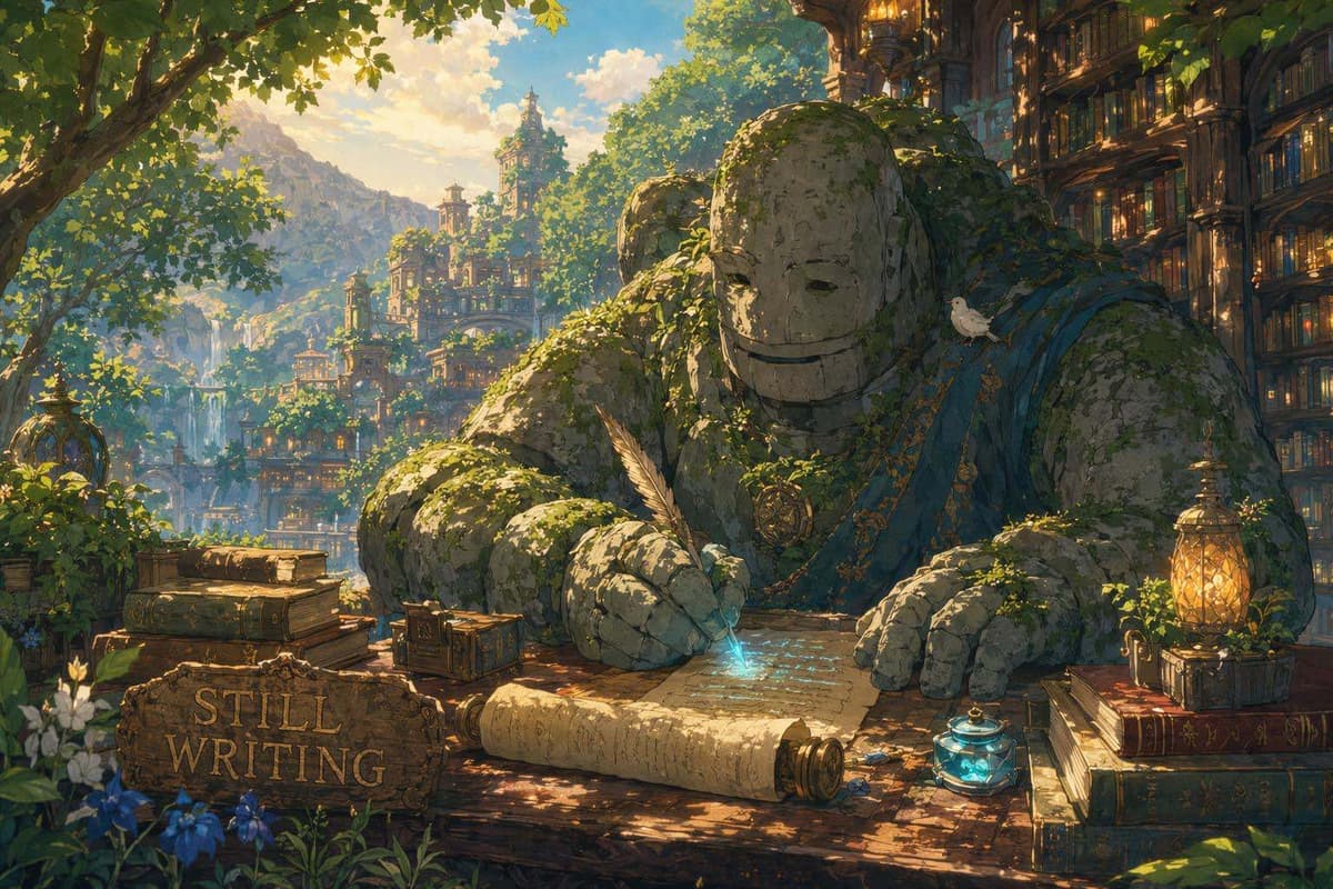 A stone golem librarian updating an old scroll ledger with new glowing entries, representing modern directory submission