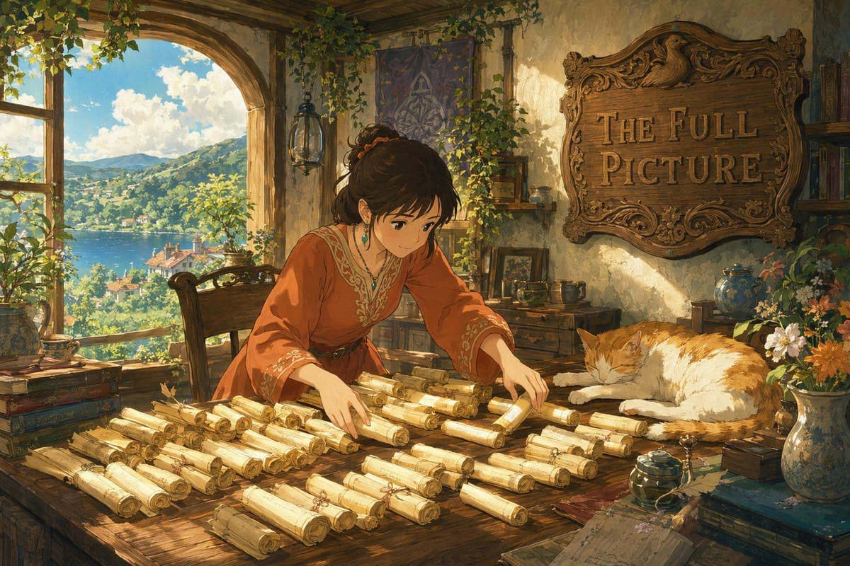 A young woman spreading out many small glowing scrolls on a table to survey them all at once, representing auditing a backlink profile