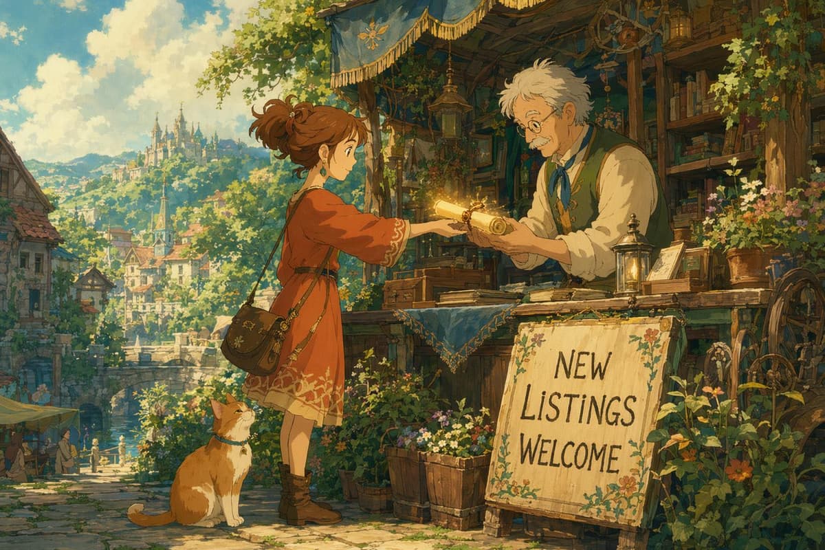 A young woman handing a scroll to a market stall-keeper for review, representing submitting to a directory