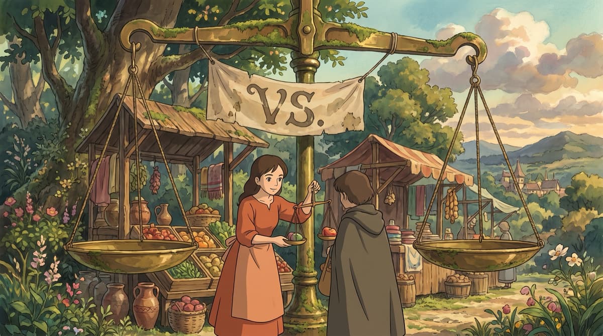 Two stalls weighed under giant brass scales, the vs comparison page